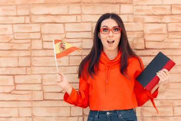 Student Holding Flag and Book Learning Foreign Language 