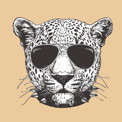 Portrait of Leopard with sunglasses, hand-drawn illustration