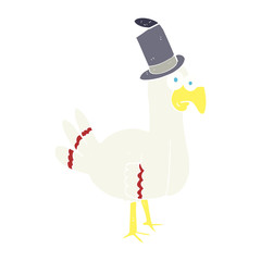flat color illustration of a cartoon bird wearing top hat