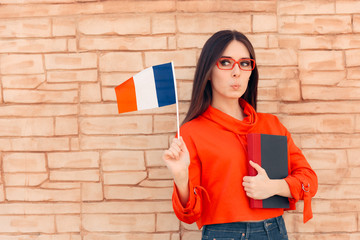 Student Holding Flag and Book Learning Foreign Language 
