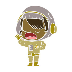 flat color style cartoon astronaut woman explaining