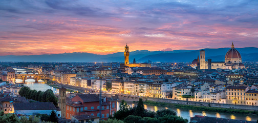 Night panorama of Florence (Firenze) in Italy from Piazza Michelangelo including the cathedral of Santa Maria del Fiore (Duomo), Palazzo Vecchio and Ponte Vecchio. Sunset sky