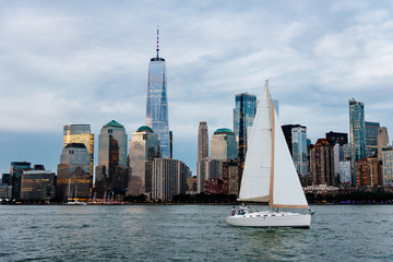 Sailing boat against skyline of New York