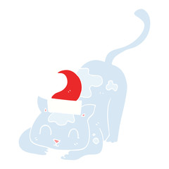 flat color illustration of a cartoon cat wearing christmas hat