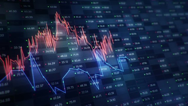 Abstract background with animation of growth graph of stock market on screen of trading board with abstract quotes tickers, words about business or technology, binary code. Animation of seamless loop.