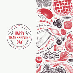 Happy Thanksgiving Day design template. Vector hand drawn illustrations. Greeting Thanksgiving card in retro style. Frame with turkey, harvest, vegetables, pastry, bakery. Autumn background.