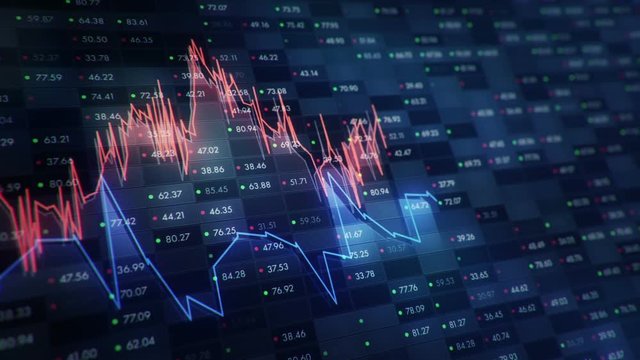 Abstract background with animation of growth graph of stock market on screen of trading board with abstract quotes tickers, words about business or technology, binary code. Animation of seamless loop.