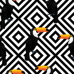 Toucan bird pattern seamless on black and white geometric background for Fabric prints, Pillowcase , Packaging wrapping website background, wallpaper and textile fabric print. Vector illustration. © Moko22