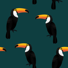 Toucan bird pattern seamless on dark green background for Fabric prints, Pillowcase , Packaging wrapping website background, wallpaper and textile fabric print. Vector illustration.