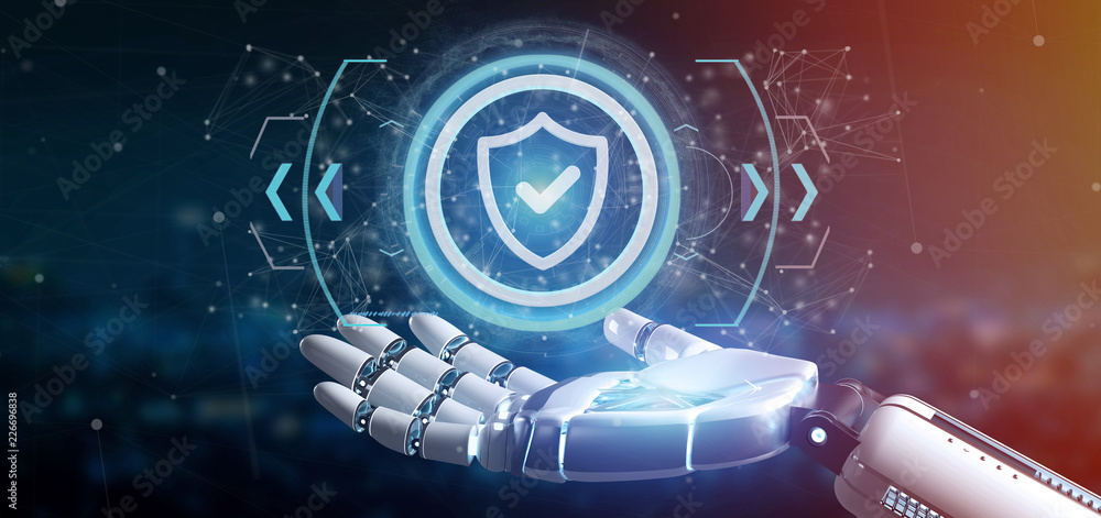 Poster cyborg hand holding a technology security icon on a circle 3d rendering