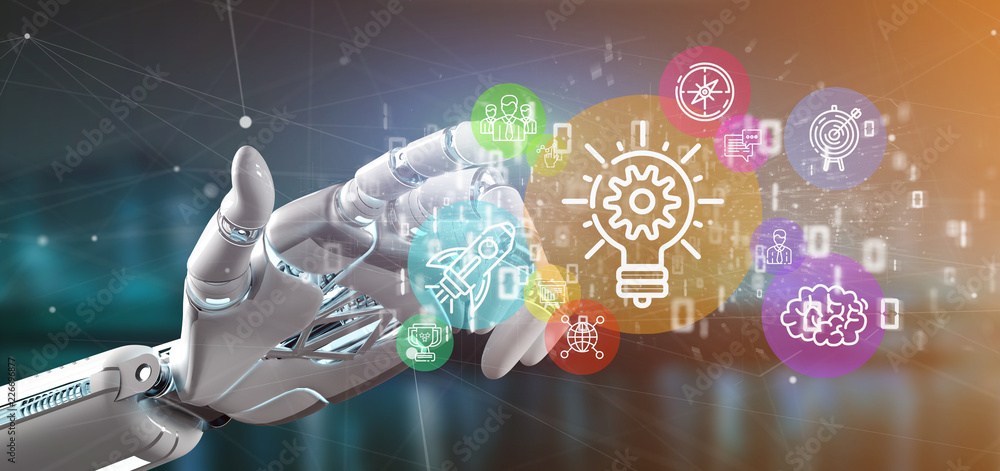 Poster cyborg hand holding a cloud of colorfull start up icon bubble with data binary 3d rendering