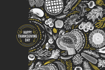 Happy Thanksgiving Day design template. Vector hand drawn illustration on chalk board. Greeting Thanksgiving card in retro style. Frame with turkey, harvest, vegetables, bakery. Autumn background.