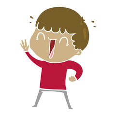 laughing flat color style cartoon man waving