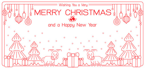 Merry Christmas and Happy New Year greeting card,banner templates  in outline linear, line art style with deer, gifts, festive decorations, holiday attributes and Christmas tree. Vector illustration.