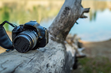 A DSLR Camera kept on a log of wood in open nature
