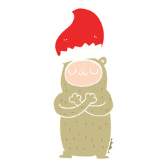 flat color style cartoon bear wearing christmas hat