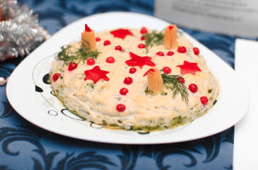 Christmas salad with carrots, mushrooms, pickled cucumbers