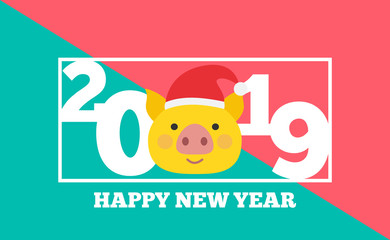 happy new year 2019 banner design with yellow pig head