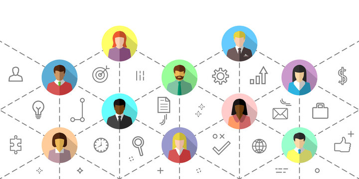 Team work concept with diverse business people interacting. Thin linear icons, dotted lines, flat design on white background.