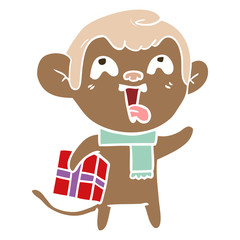 Obraz premium crazy flat color style cartoon monkey with christmas present