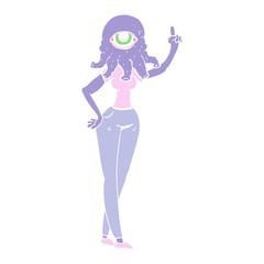flat color illustration of a cartoon female alien with raised hand