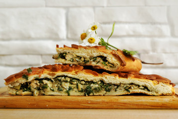 Fresh baked traditional pie with green onions and eggs