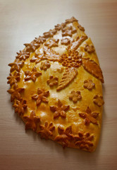 Fresh baked traditional pie with cabbage and eggs