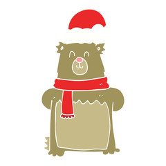 flat color style cartoon bear wearing christmas hat
