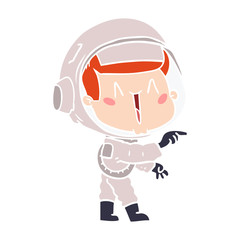 happy flat color style cartoon astronaut pointing