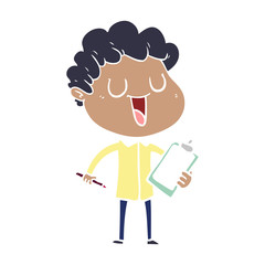 laughing flat color style cartoon man with clipboard and pen