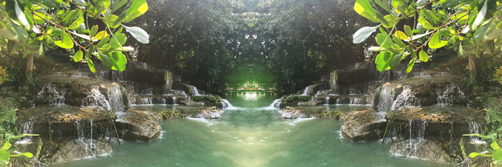 Super of waterfall on green nature background and tunnel of light - Powered by Adobe