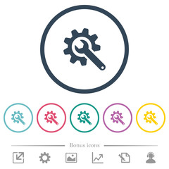 Wrench with cogwheel flat color icons in round outlines