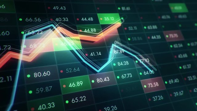 Abstract background with animation of growth graph of stock market on screen of trading board with abstract quotes tickers, words about business or technology, binary code. Animation of seamless loop.