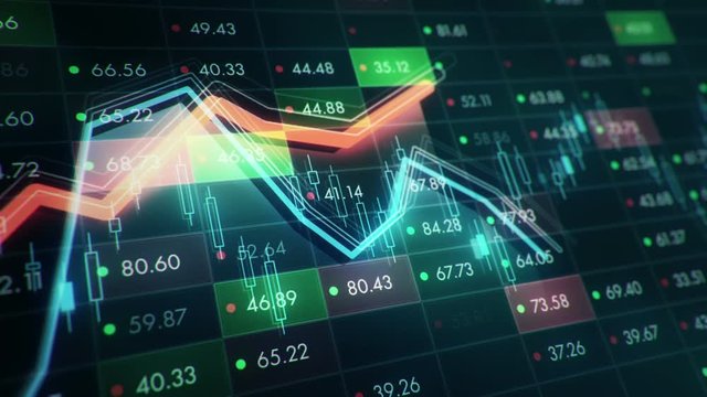 Abstract background with animation of growth graph of stock market on screen of trading board with abstract quotes tickers, words about business or technology, binary code. Animation of seamless loop.