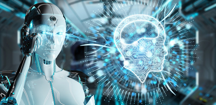 White humanoid woman using digital artificial intelligence icon hologram 3D rendering