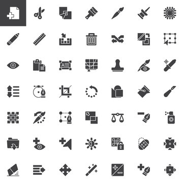 Utilities vector icons set, modern solid symbol collection, filled style pictogram pack. Signs, logo illustration. Set includes icons as Add file, Cut, Intersect, Paint brush, Pencil, Delete, Shuffle