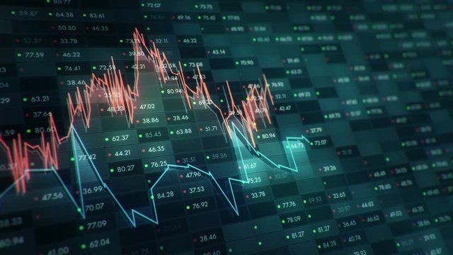 Abstract background with animation of growth graph of stock market on screen of trading board with abstract quotes tickers, words about business or technology, binary code. Animation of seamless loop.