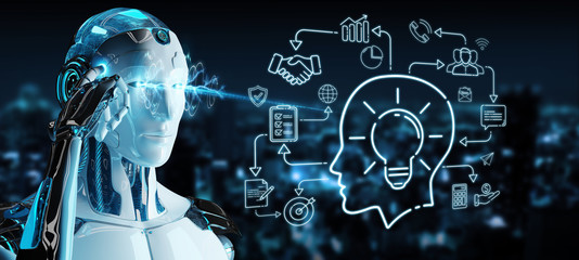 White humanoid creating artificial intelligence interface