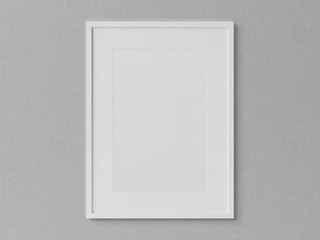 White rectangular vertical frame hanging on a white wall mockup 3D rendering
