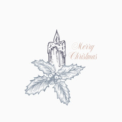 Merry Christmas Greeting Card or Label. Hand Drawn Holiday Illustrations. Holly Branch with Candle. Pastel Colors Layout.