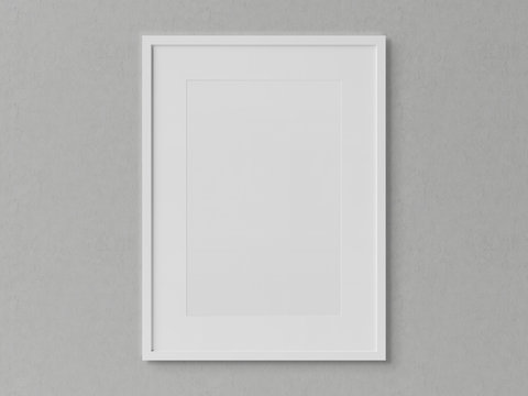 White rectangular vertical frame hanging on a white wall mockup 3D rendering