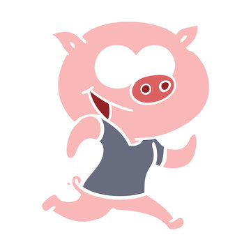 cheerful pig exercising flat color style cartoon