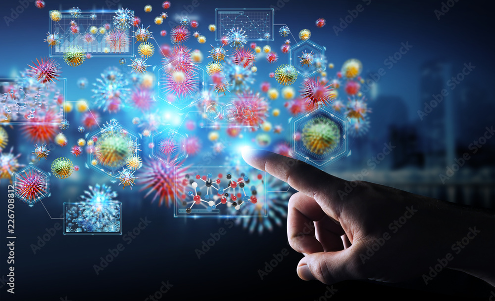Poster businessman analyzing bacteria microscopic close-up 3d rendering