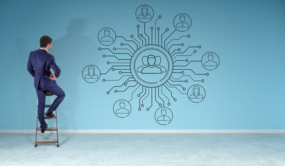 Businessman watching thin line social network icons interface