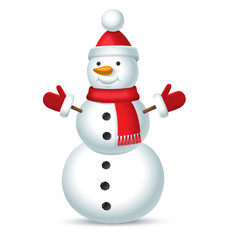Christmas snowman with red hat with a bubo, scarf and mittens isolated on white background. Vector illustration