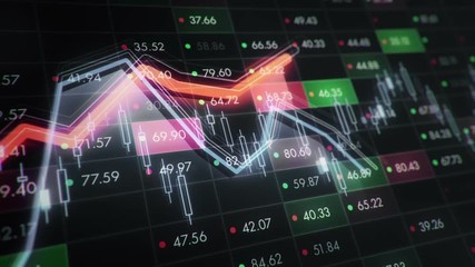 Abstract background with animation of growth graph of stock market on screen of trading board with abstract quotes tickers, words about business or technology, binary code. Animation of seamless loop. - Powered by Adobe