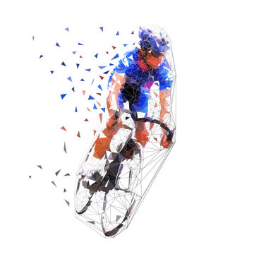 Road cycling, cyclist in blue jersey, polygonal vector illustration. Low poly bicycle rider
