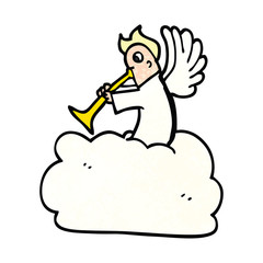 cartoon doodle angel on cloud with trumpet