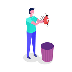 Developer fixing bug. Vector character isometric illustration.