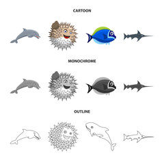 Vector illustration of sea and animal sign. Set of sea and marine stock symbol for web.